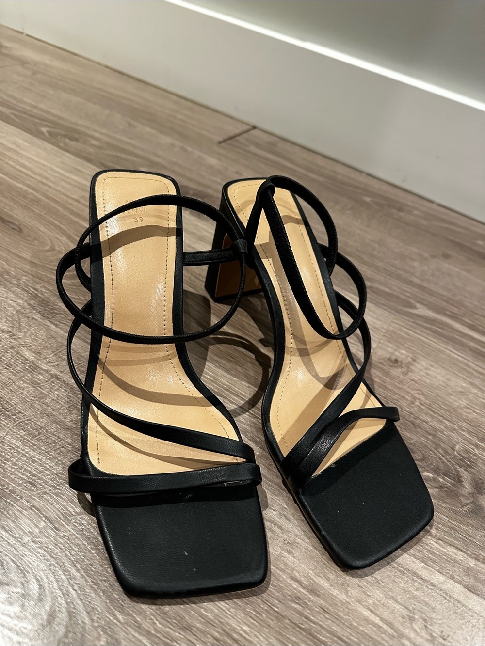 H&M Black Strappy Square-Toe Block Heel Sandals
